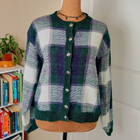 Preppy 90s Green Purple Plaid Cozy Cardigan Eclectic Buttons Christopher & Banks - Picture 1 of 6